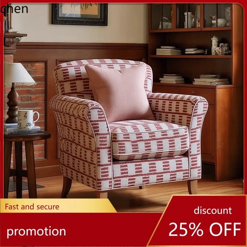HT Retro Fabric Plaid Single Sofa Chair Living Room Bedroom Vintage Style Leisure Chair