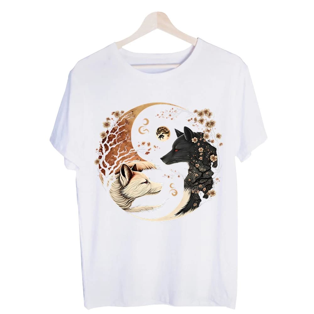 Unisex Yin Yang Fox Graphic Tee, Short Sleeve Crew Neck T-Shirt for Casual Daily Wear and Street Style Outfits