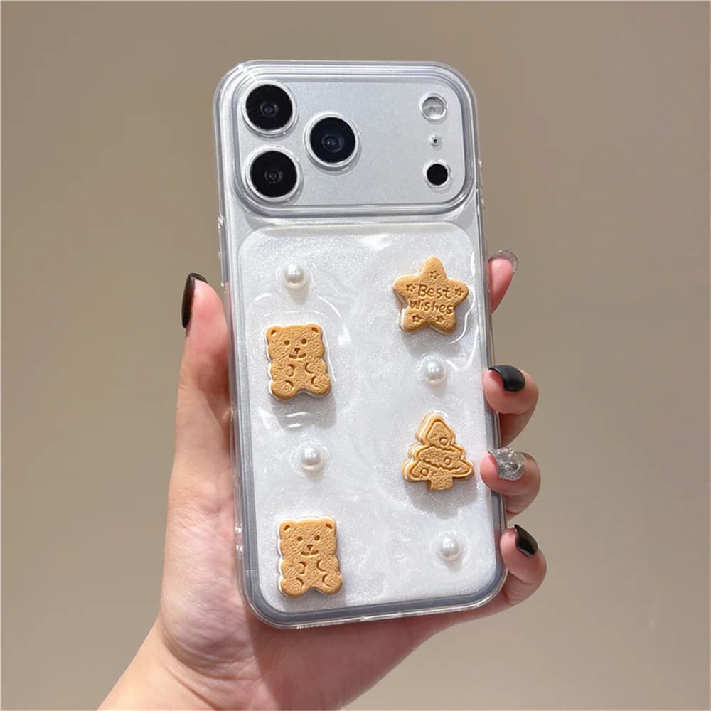Cute Sparkly Pearl 3D Cookie Bear Star Clear Phone Case for 17 Pro Max Cream Shimmer Glitter Epoxy Cover for iPhone 16 15 14 13