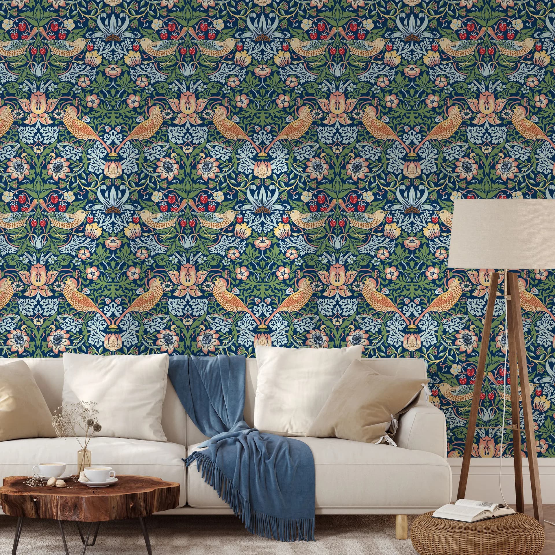 William Morris Strawberry Thief Wallpaper Vintage Floral Bird Self Adhesive Wallpaper Removable Living Room Background Wall Deco