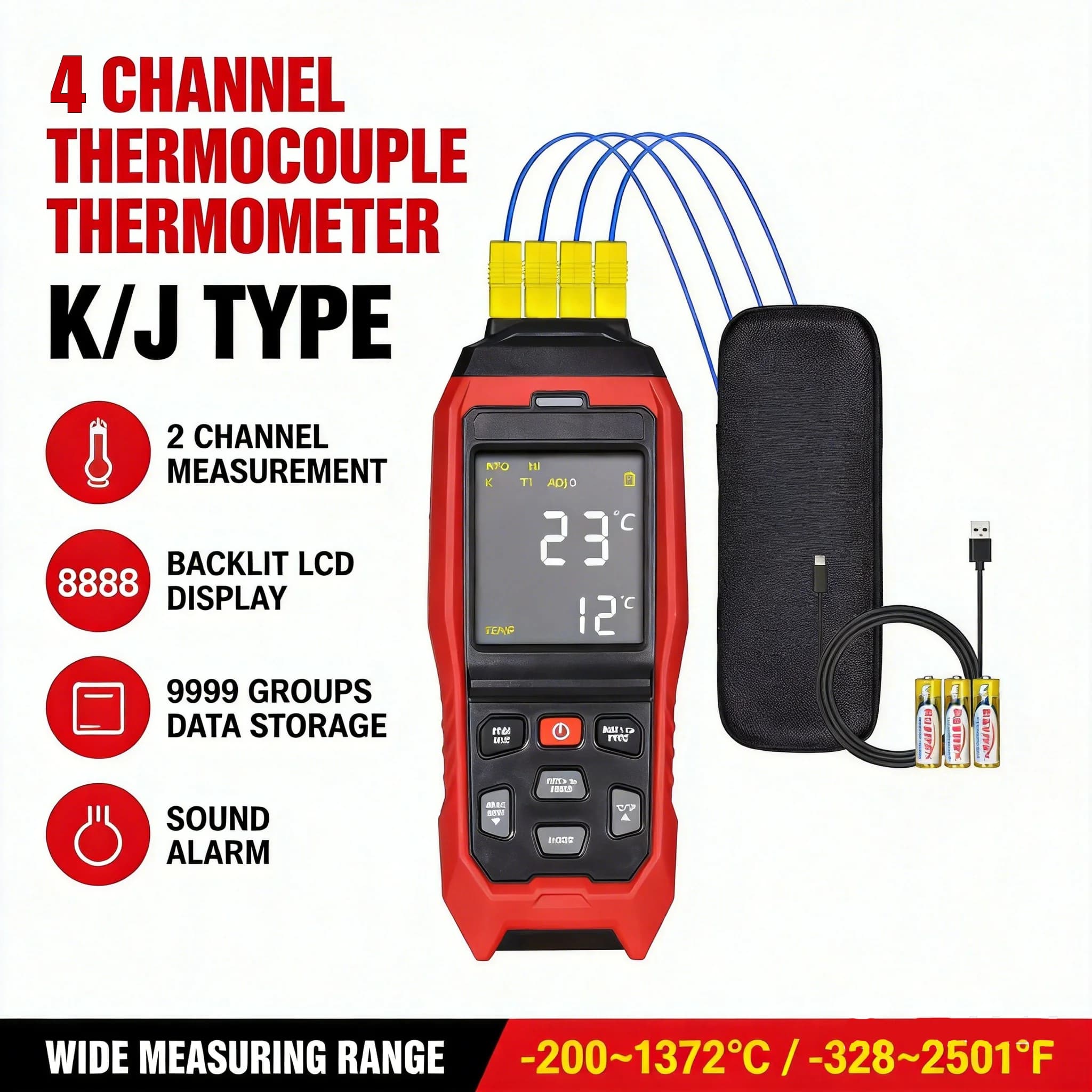 Holdpeak Four-Channel Thermocouple Thermometer K/J Type -200~1372℃ Data Logger 5000 Records PC Software