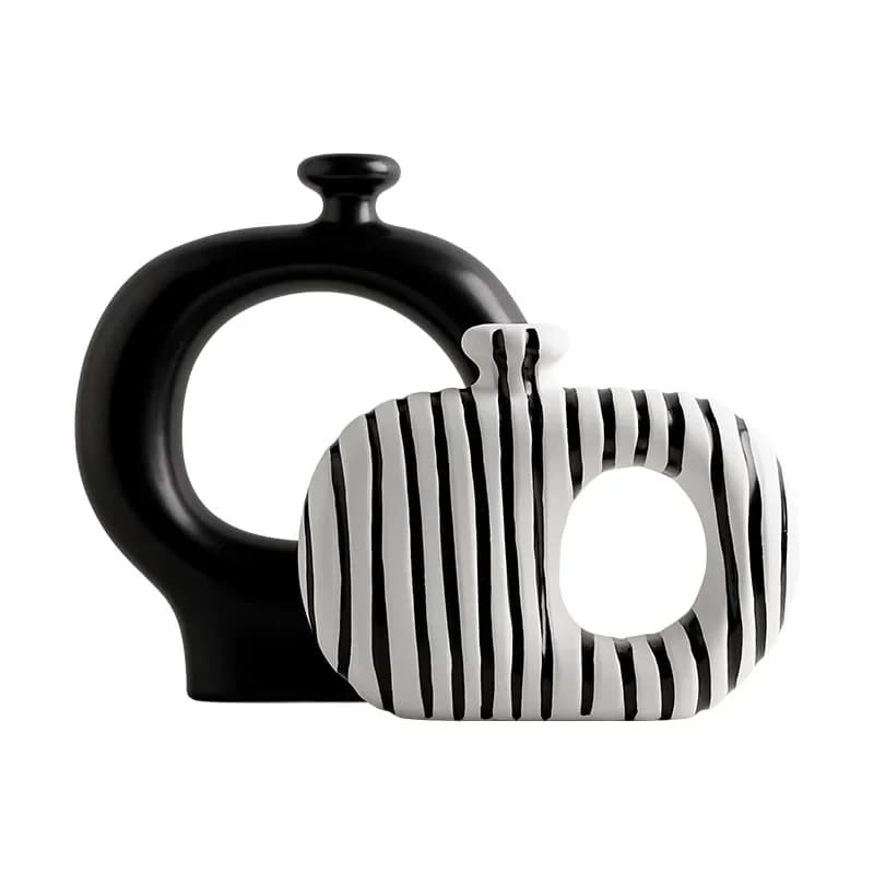 Creative retro black and white striped ceramic vase high-end flower arrangement living room decoration ornament