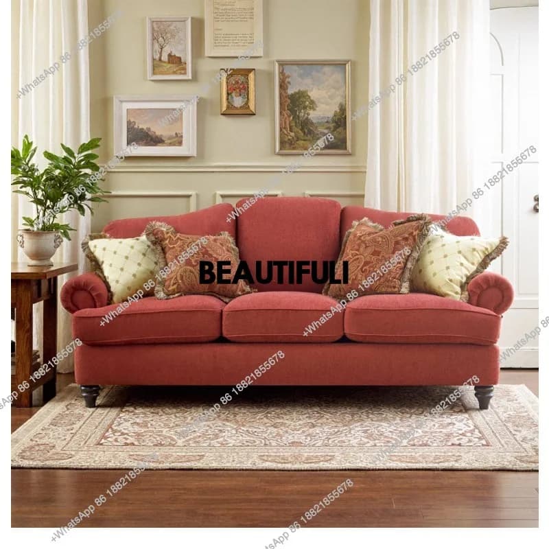 American light luxury fabric sofa red living room three people high backrest imported down custom cotton and linen