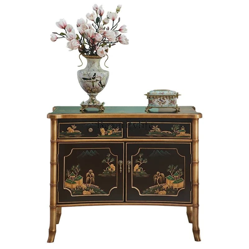 X4 French Chinese style solid wood dining side cabinet European art hand-painted entrance decorative storage cabinet