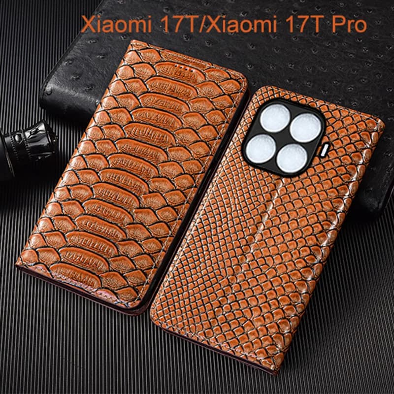 Genuine Leather Flip Case For Xiaomi Mi 17T Pro Phone Cover Card Cases Python Pattern Handmade