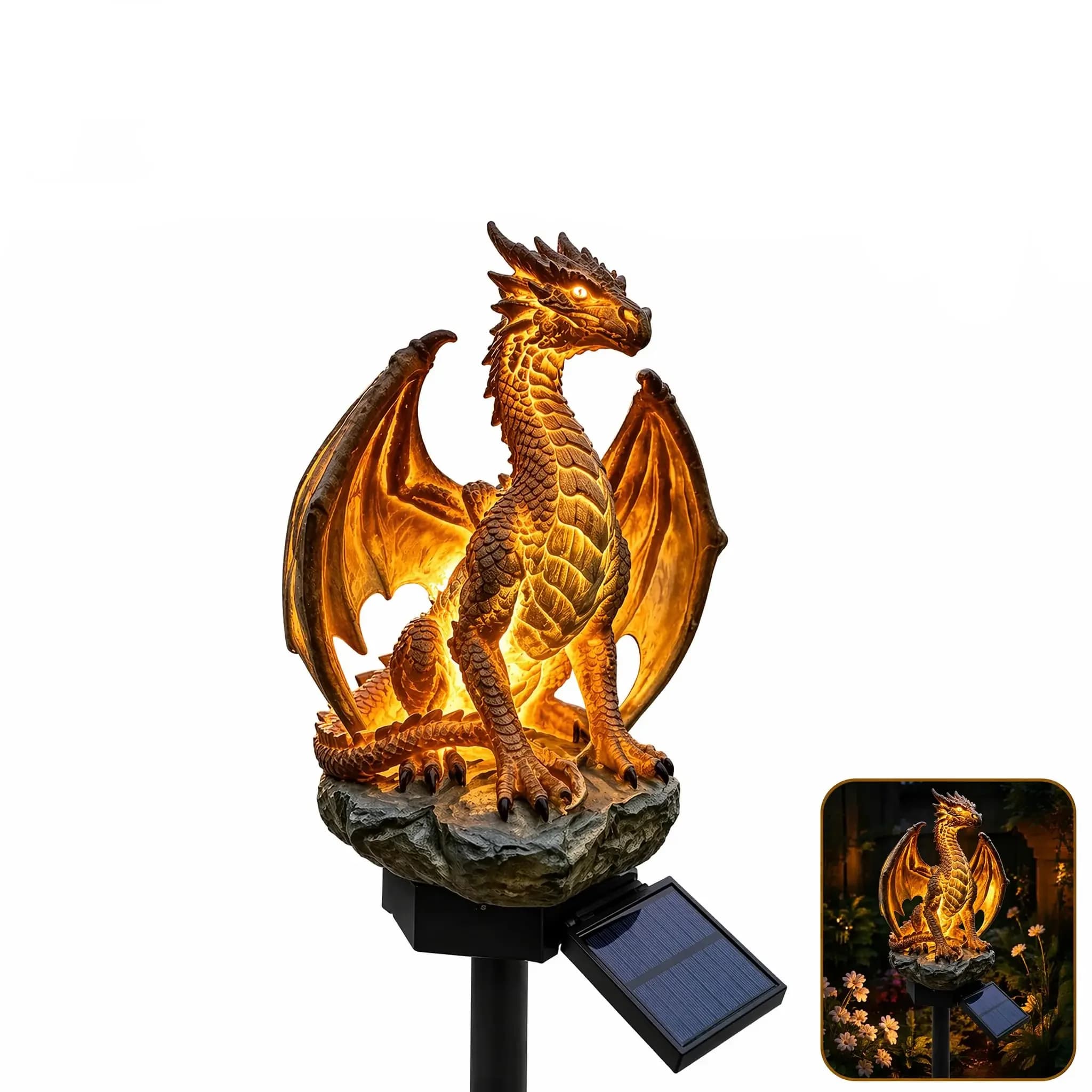 Solar Dragon Garden Light 25cm Resin Golden Accents Auto-On Dusk Sensor Statue Lamp Weatherproof For Patio