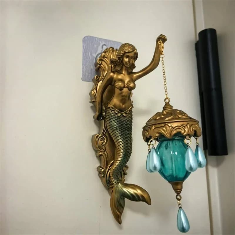 Mermaid Wall Lamp Door And Window Decorations Resin Statues Hanging Lamp Fisherman's Ornament Mermaid Pendant Ocean Gift