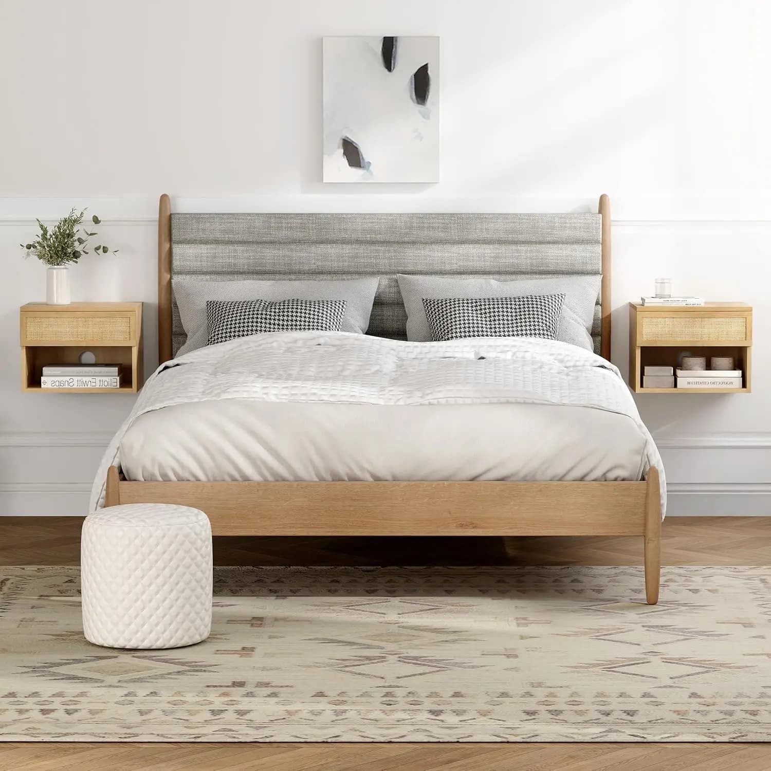 Rattan Floating Nightstands Set of 2, Wall Mounted End Table with Drawer and Open Compartment Modern Wood Bedside Night Stand