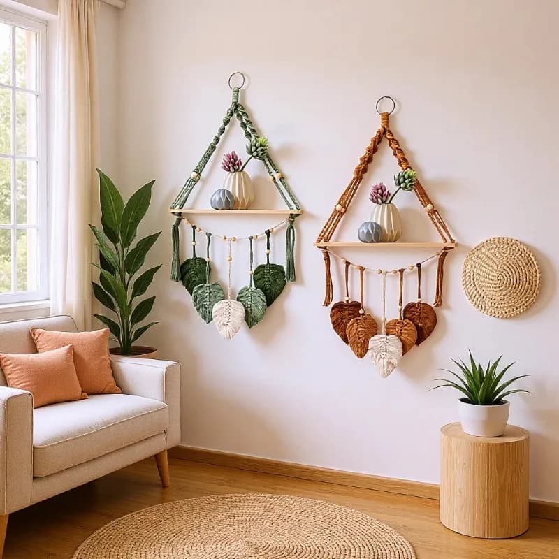 Handmade Macrame Wall Hanging Shelf Boho Woven Leaves Decoration Wooden Floating Shelves Bedroom Home Decoration Leaf Wall Decor