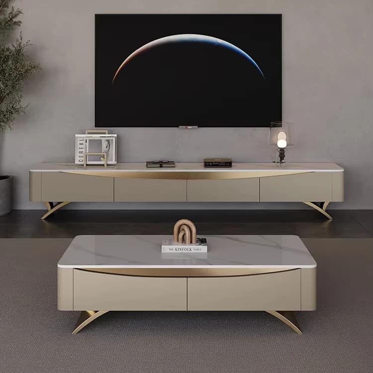 Luxury Modern Simple Rock Board Solid Wood Coffee Table TV Stand Combination for Small Living Room Apartment High-End Furniture