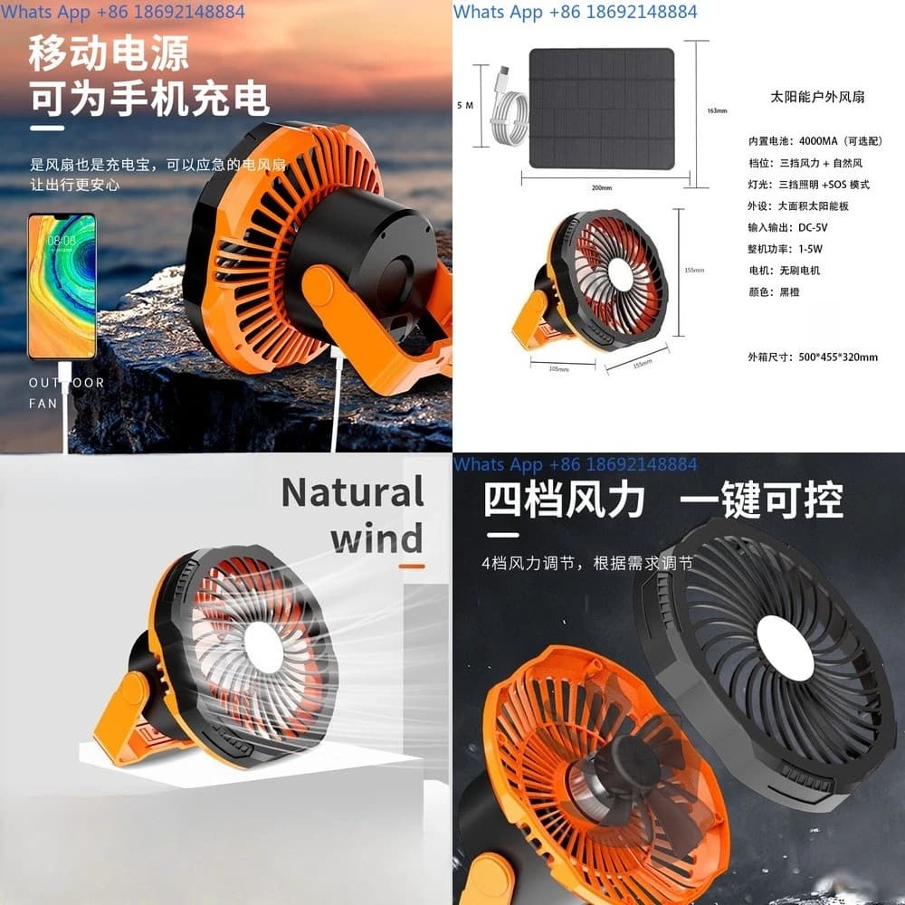 Portable Solar Powered Camping Fan with LED Light for Outdoor Use