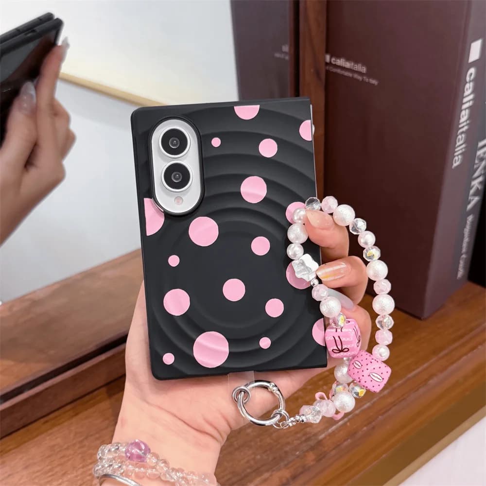 Cute Pink Polka Dot Heart Magnetic Stand Phone Case For Samsung Galaxy Z Fold8 Protective Cover With Pearl Wrist Chain