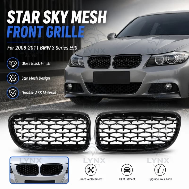 For 2008-2011 BMW 3 Series E90 Full Black Star Sky Mesh Front Bumper Grille Gloss Black Replacement Car Styling Upgrade