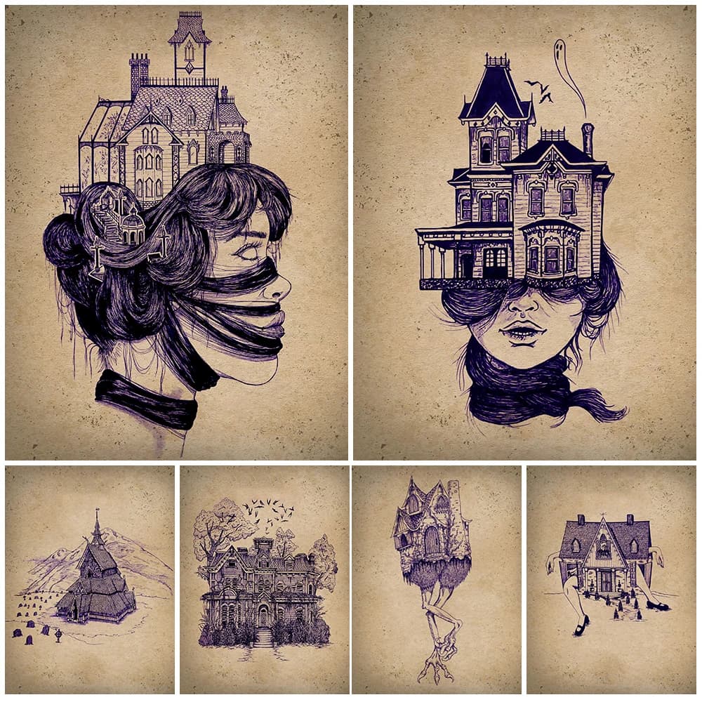 Spooky Haunted House And Victorian Gothic Witch Home Wall Art Canvas Painting Abandoned Church Art Poster And Print Decoration