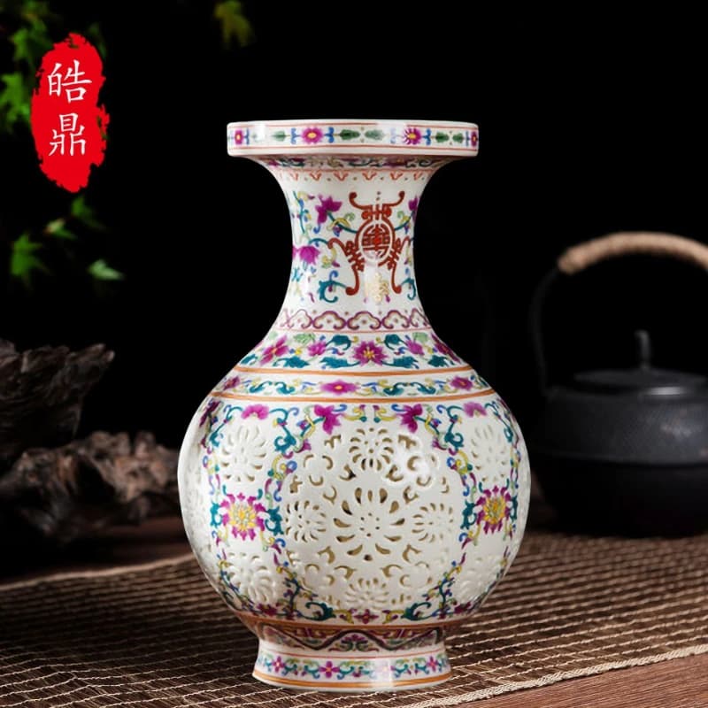 Ceramic blue and white porcelain gilt hollow vase - chinese style home & office decorative ornament - ceramic handicraft