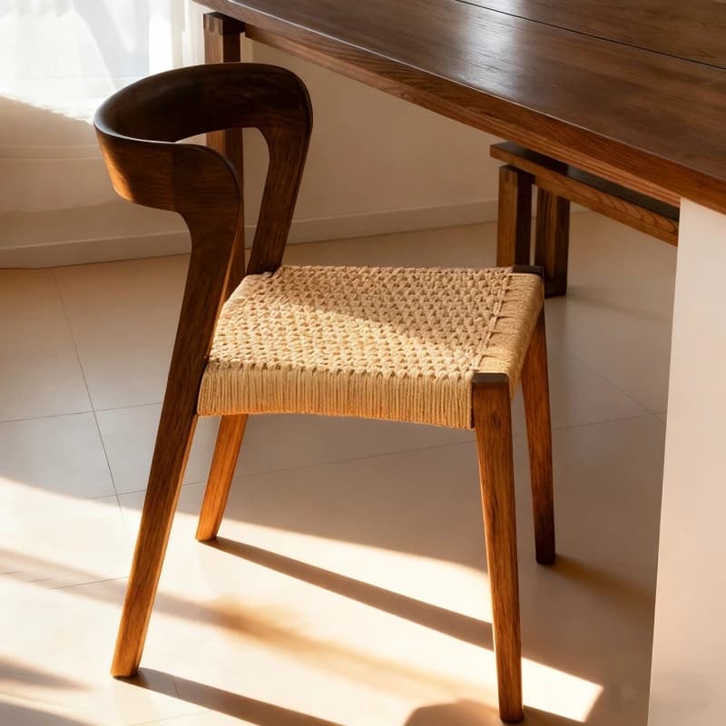 Vintage design solid wood rattan dining chair stackable woven backrest bedroom stool