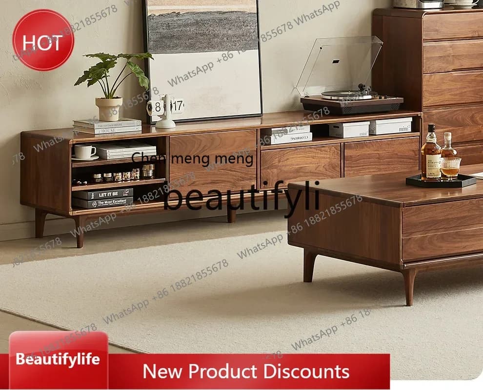 A32 North American black walnut TV cabinet, large and small apartment living room solid wood floor cabinet audio-visual cabinet