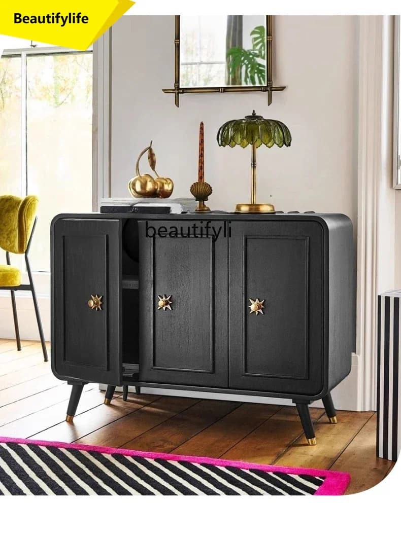 K185 Vintage Style Solid Wood Entryway Cabinet Small Apartment High-End Wall-Mounted Storage Cabinet Retro Black Sideboard