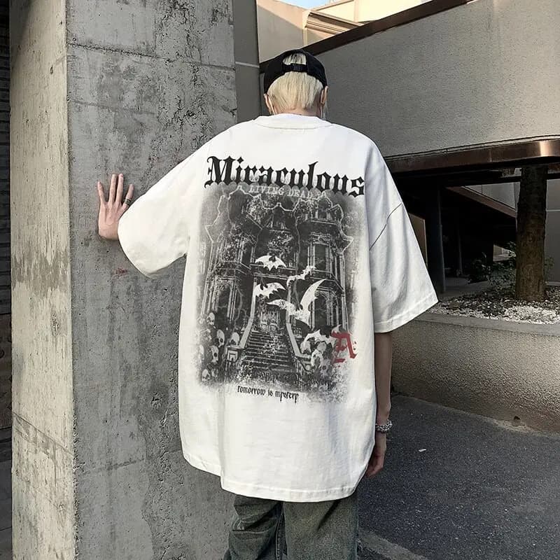 2026 Plus Size Men Vintage Dark Printed Short Sleeve T Shirt Hip Hop Unique Design Casual Loose Streetwear Tee Fit Up to 150kg