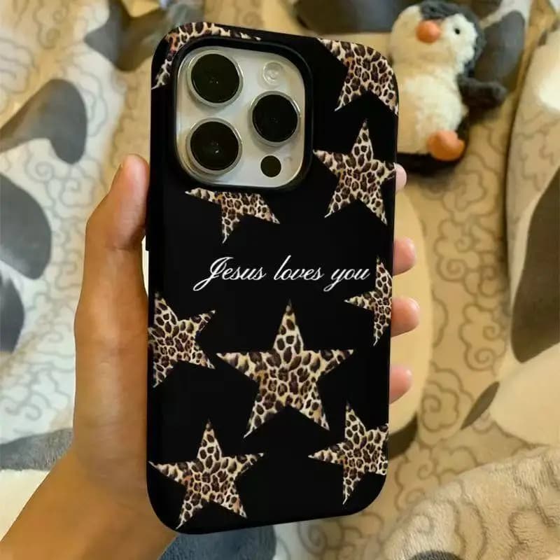 High-end Trendy Leopard Print Stars Pattern Phone Case for iPhone 16 Pro 15 14 13 12 11 PRO MAX 16 Plus Gloss Soft Shell Cover