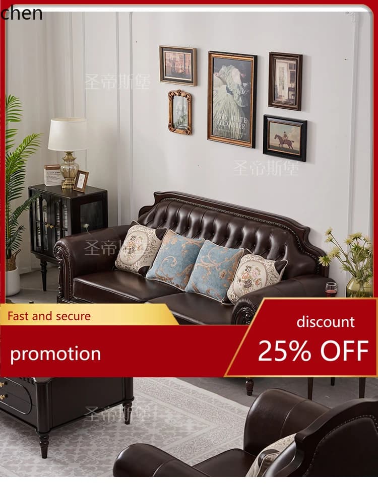 HT Solid Wood Genuine Leather Sofa Top Layer Cowhide 123 Combination Retro Style Villa Living Room Furniture Four-Seater