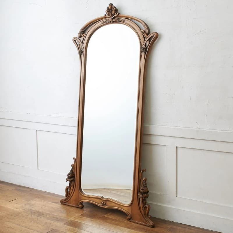 Vintage solid wood carving flower full body mirror vaulted floor mirror home living room bedroom