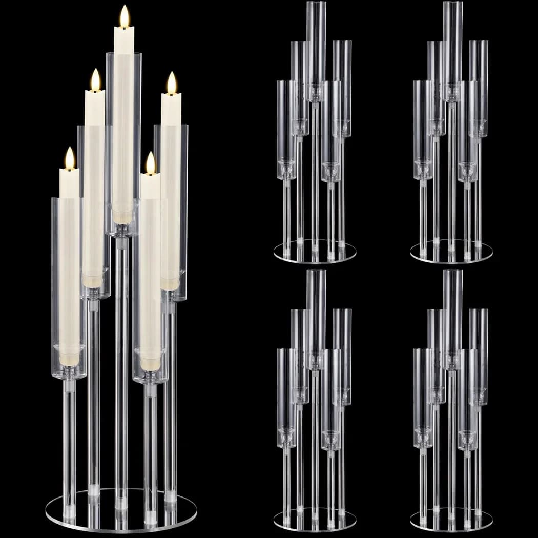 4Pcs Acrylic Candelabra 5-Arm Crystal Clear Candle Holders Pillar Taper Candlesticks Candlelight Dinner Fit 0.87" LED Candles