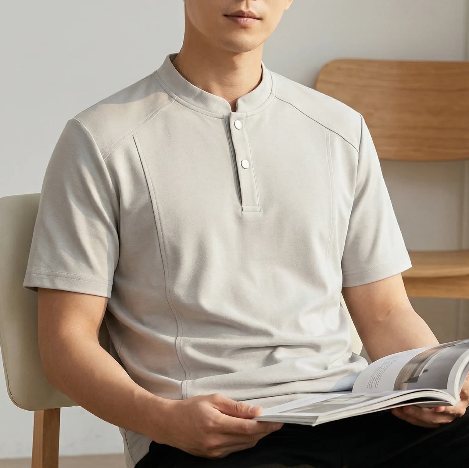 Heavy Henry Collar T-shirt Men's 2026 Summer New Loose Three-dimensional Tailoring Metal Snap-button Casual Short-sleeved Top