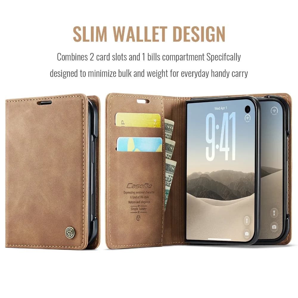Retro Solid Color Leather Magnetic Flip Phone Cover for iPhone Duo with Built-in Cash Pocket & Card Slots