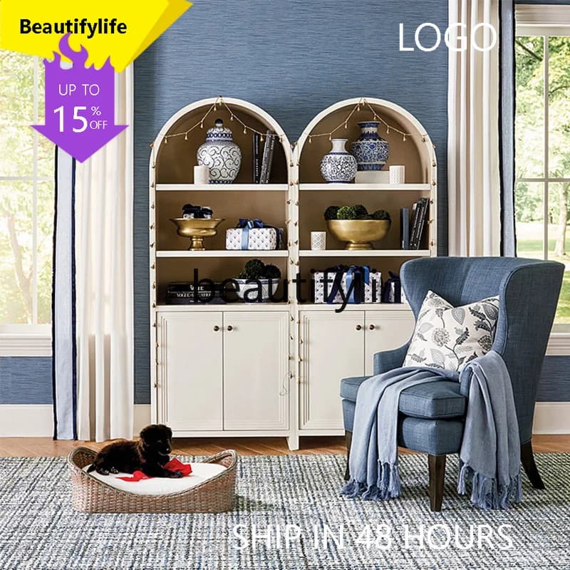 6239 American-style Light Luxury Solid Wood Bookcase Living Room Black Floor-standing Bookshelf Vintage Arched Decorative Cabine