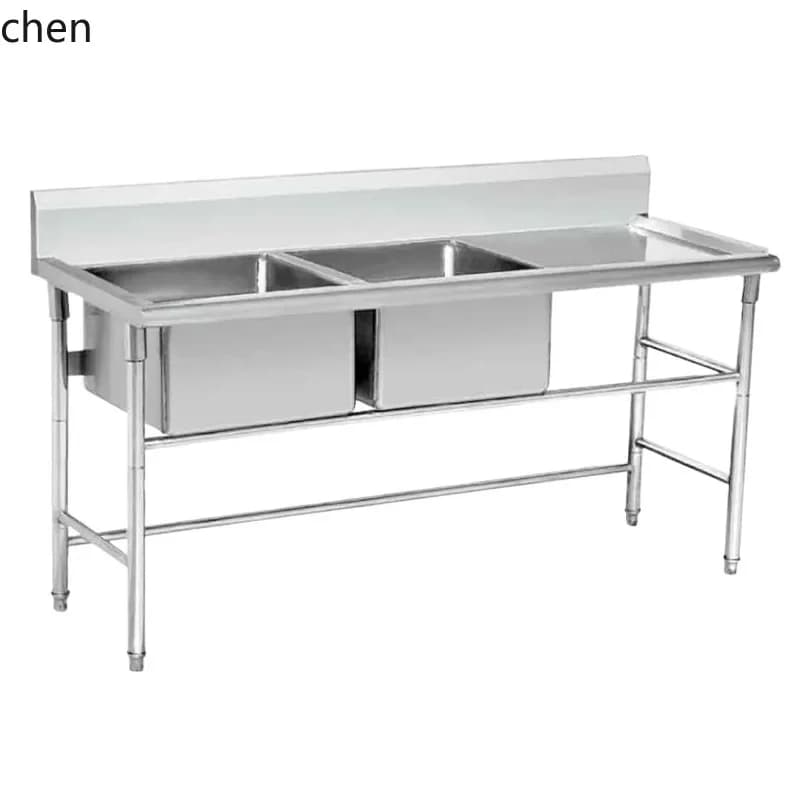 HYS 304 Stainless Steel Operation Table Kitchen Double Sink Stove Thickened Restaurant Washing and Cutting Workbench Wholesale