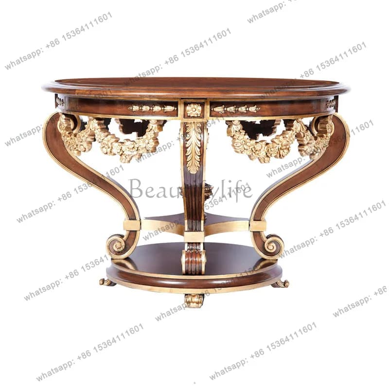 Neoclassical round mahogany viewing platform rice leather flower tea table furniture