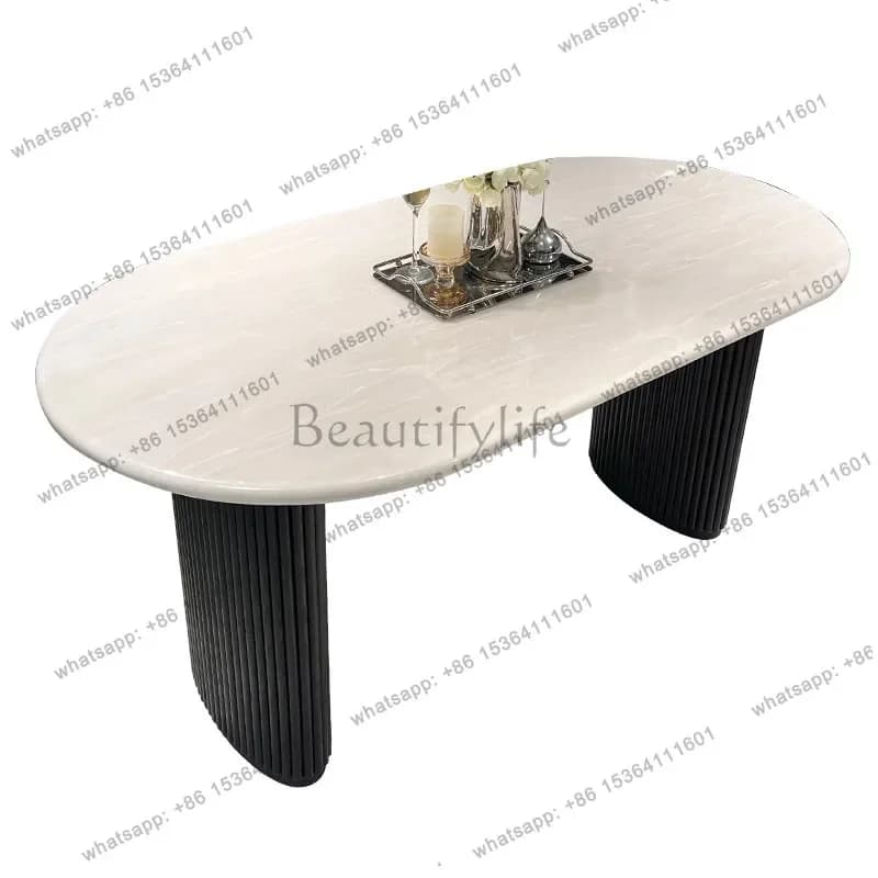 56Ice jade luxury stone dining table oval French retro household small apartment ash wood fence legs dining table
