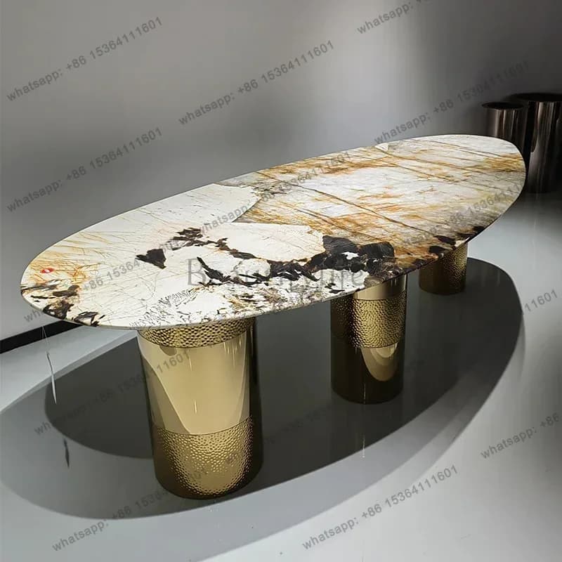 FG Dining Table Oval Imported Stone Tabletop Trending Villa Home Design Corrosion/Heat/Easy-Clean Italian Luxury Stainless Steel