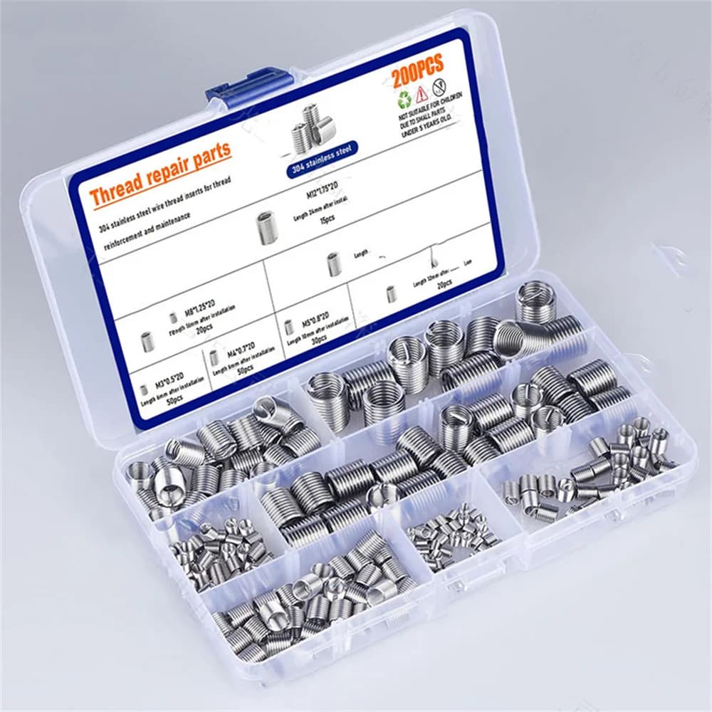 304 Stainless Steel Wire Thread Inserts Thread Protection Sleeves M3-M12，200-Piece Thread Repair Wire Insert Kit