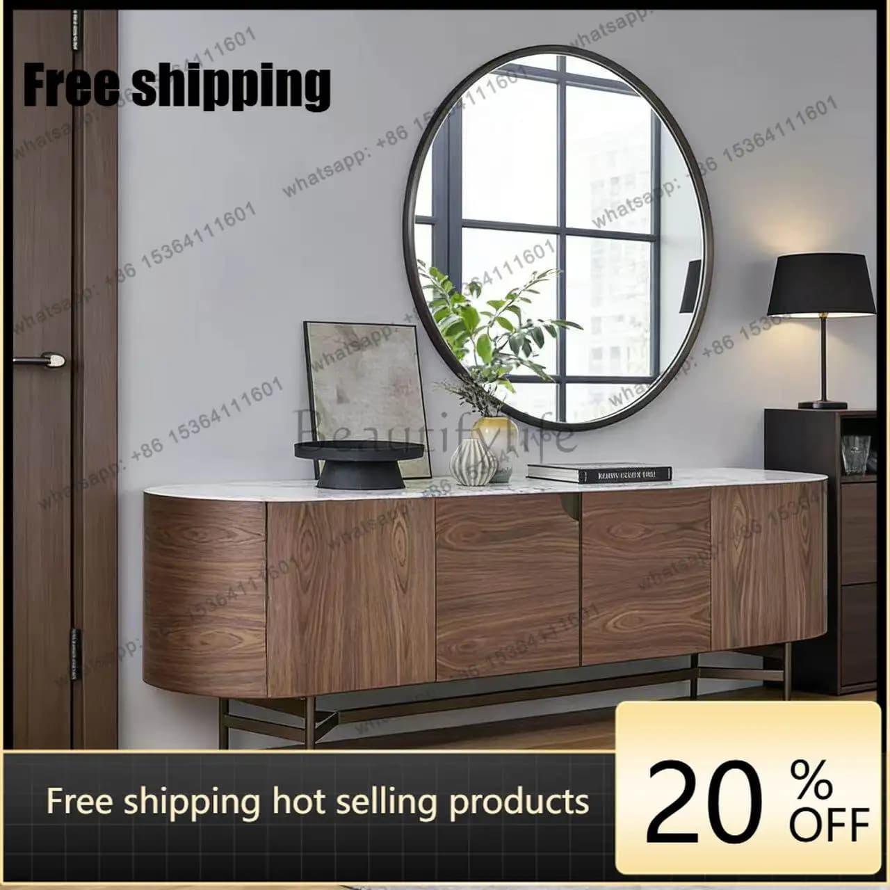 LD33 Modern Simple Solid Wood Living Room Side Cabinet Marble French Retro Locker