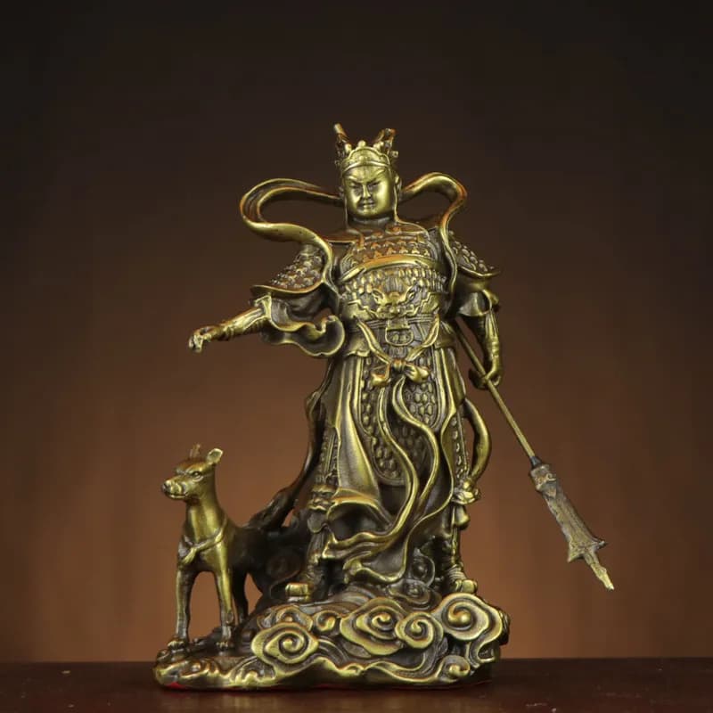 Brass statue of Erlang Shen, featuring the mythical dog Xiatian, use as a decorative piece or for religious offerings. Erlan