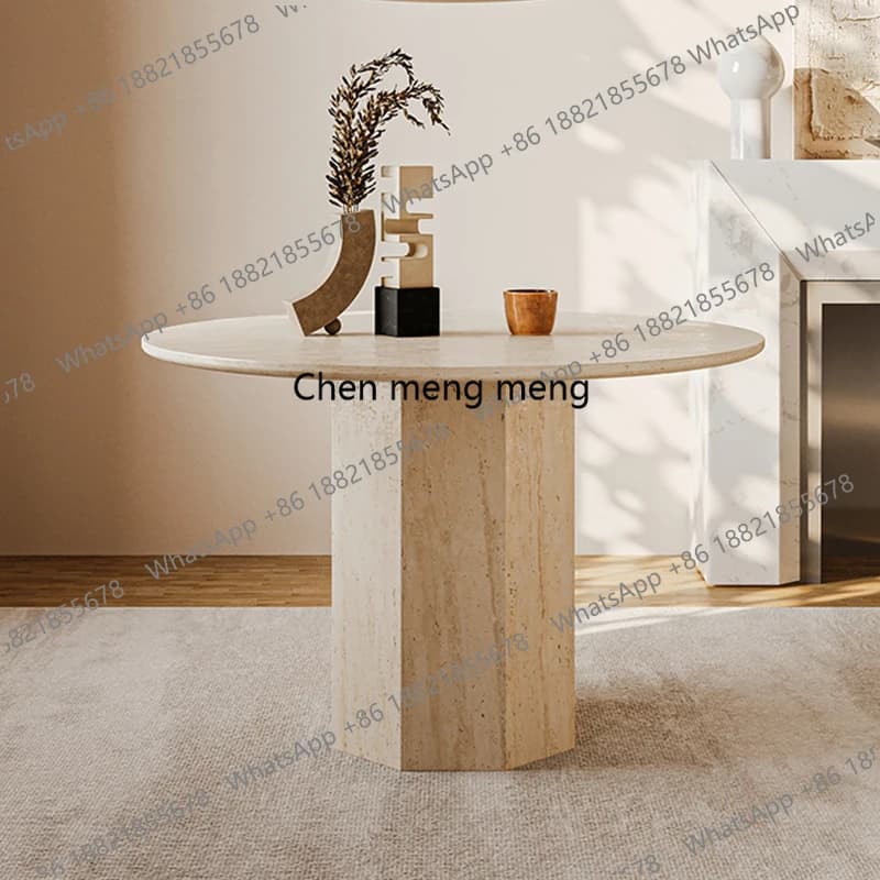 Modern simple natural travertine round dining table living room household small apartment wabi sandy wind luxury stone