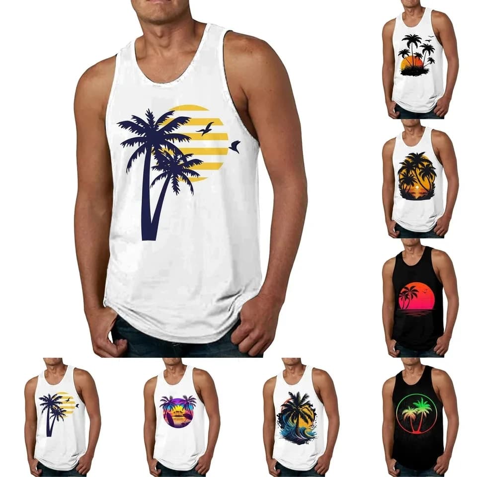 Summer Men's Tank Tops Hawaiian Beach Casual Vest Fitness Sleeveless Sports Fitness Tank Top Training Bodybuilding Clothes