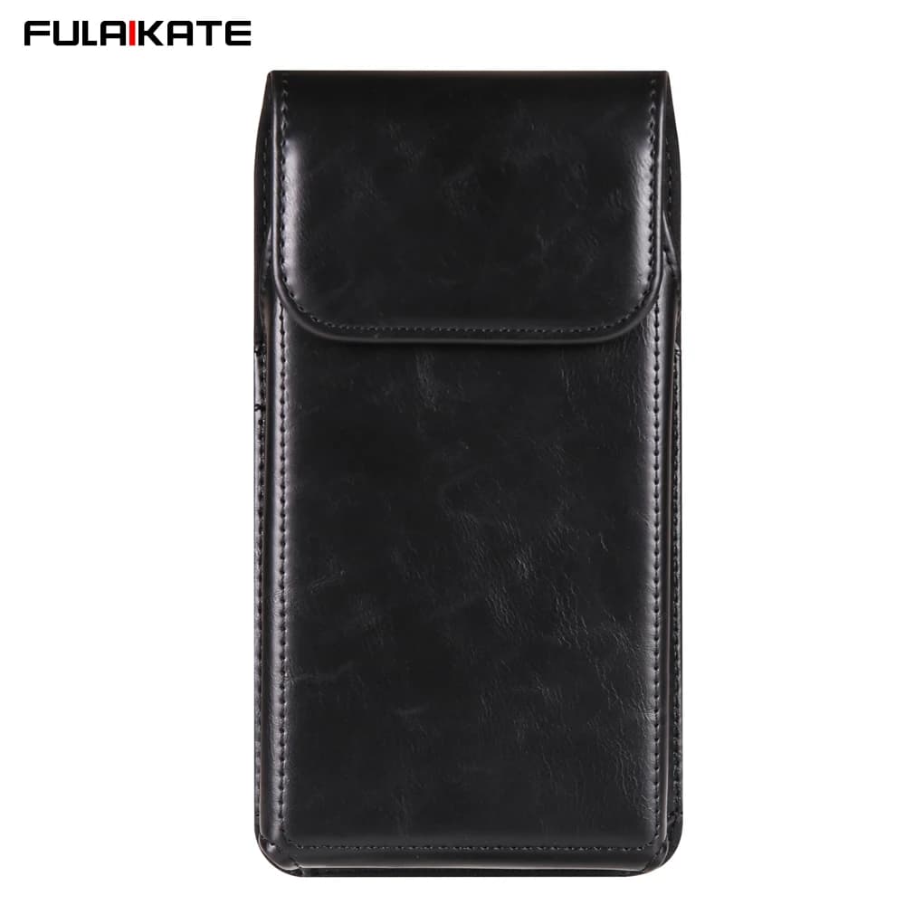 FULAIKATE 6.1"-7.2" High Grade Crazy Horse Vertical Waist Phone Bag for iPhone 14 Pro Max Men's Leather Pouch for Samsung Note23