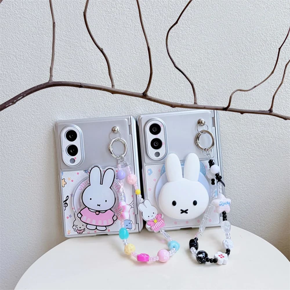 Cute Miffy Rabbit Magnetic Phone Case For Samsung Galaxy Z Fold 8 Ultra Kawaii Cartoon Cover With Colorful Beaded Wrist Chain
