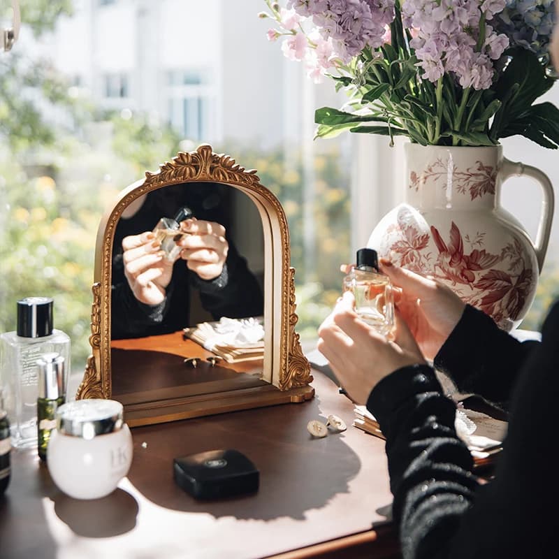 Vintage Gold Vanity Mirror Dual-Use Desktop Makeup Mirror with Metal Frame Antique Dressing Table Organizer for Bedroom Decor