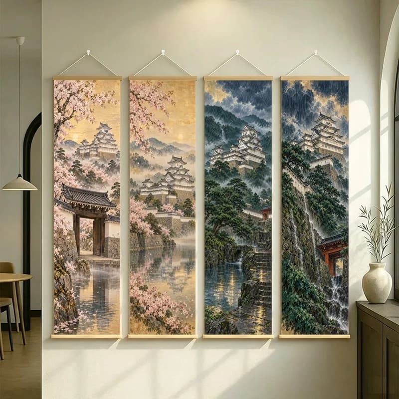 Japanese Wall Art Misty Mountain Village and Blossom Scenery on Silver Shimmer Canvas for Calm Bedroom Home Decor Interior