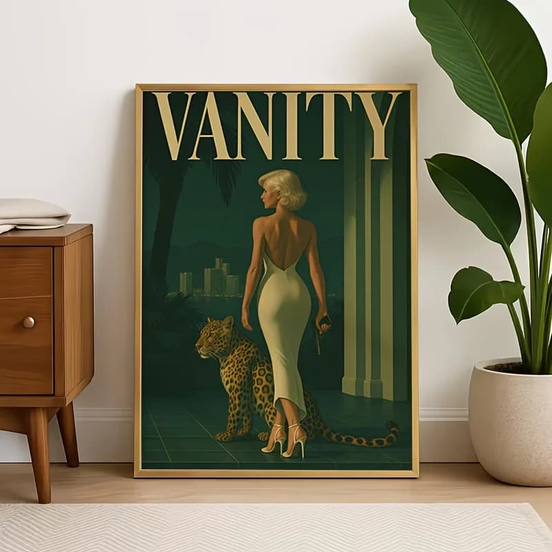 Retro leopard and blonde lady canvas wall decoration painting, 2D print, luxury home decor for living room and bedroom