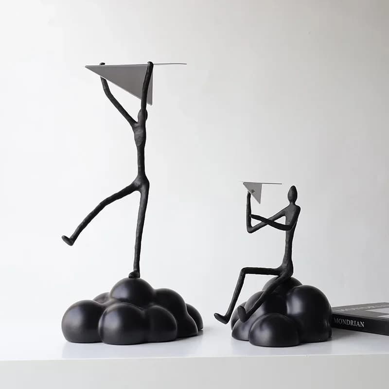 Resin Abstract Figure Decoration Paper Airplane Cloud Black Cartoon Figure Decorative Figurines Home Decoration Accessories