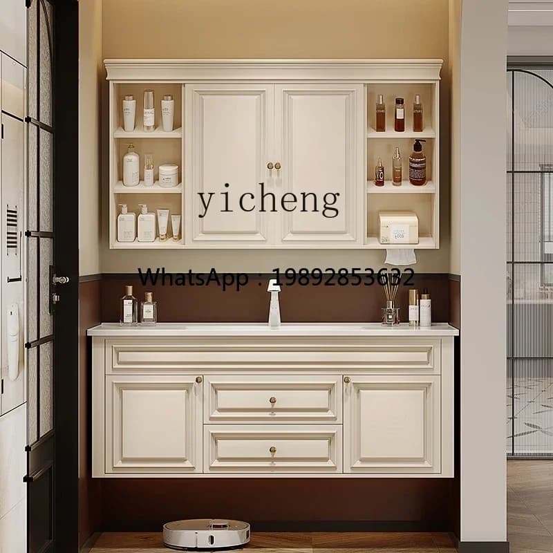 bathroom cabinet combination retro solid wood ceramic integrated basin washbasin cream toilet washbasin