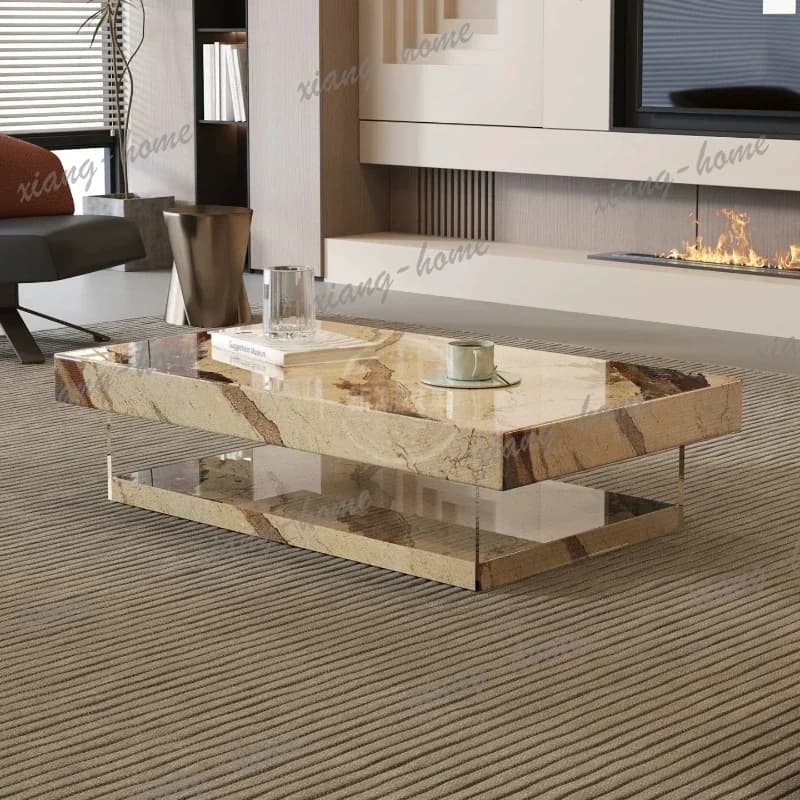 LJY Modern Double-Layer Sintered Stone Coffee Table Rectangular Italian Minimalist Center Table for Luxury Living Room Decor