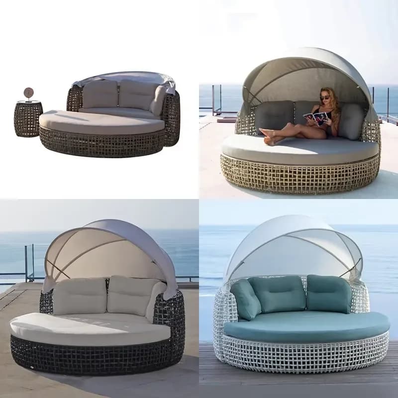 Outdoor Rattan Furniture Garden Wicker UV protection Canopy Daybed Pool Chaise Lounge Folding Sofa Bed