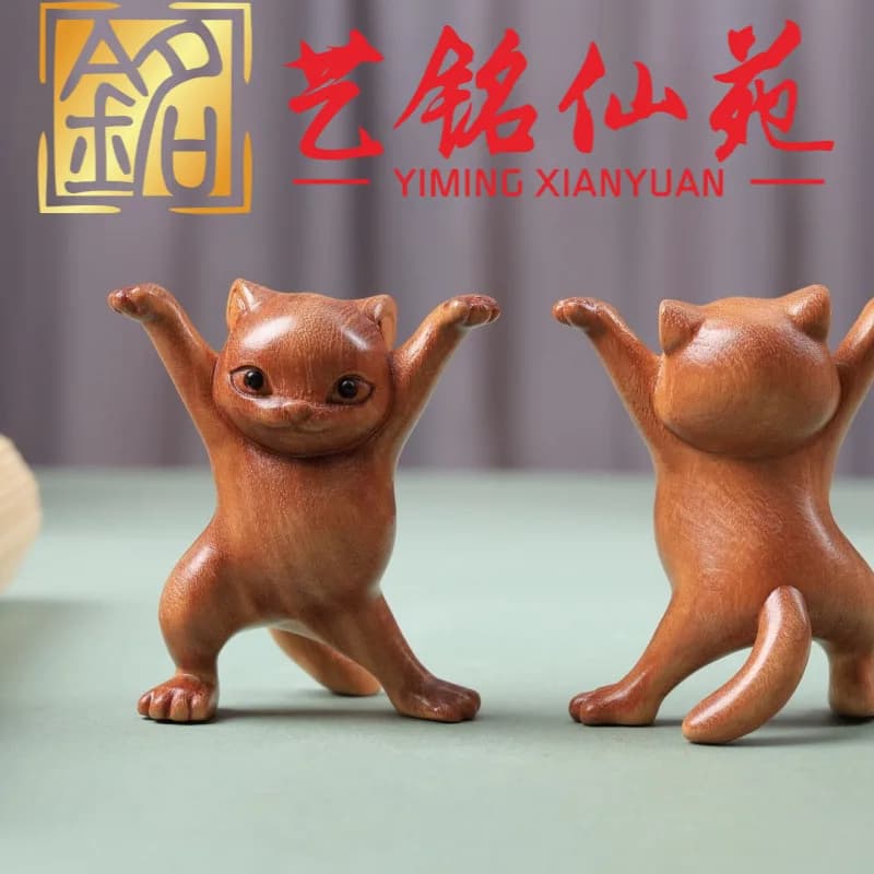 Yimingxianyuan Solid Wood Carved Elegant Cat Hand Piece Creative Wenwan Living Room Home Decor Craft Souvenir Gift