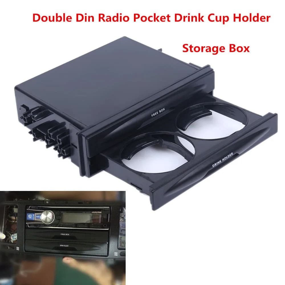 Universal Car Dash Trim Single/Double Din Radio Pocket Stereo Dash Installation Mounting Drawer Kit W/ Cup Holder Storage Box